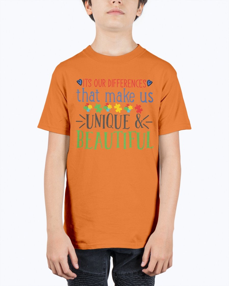 Youth tee featuring the message 'Its Our Differences That Make Us Unique & Beautiful - Autism', made from soft cotton.