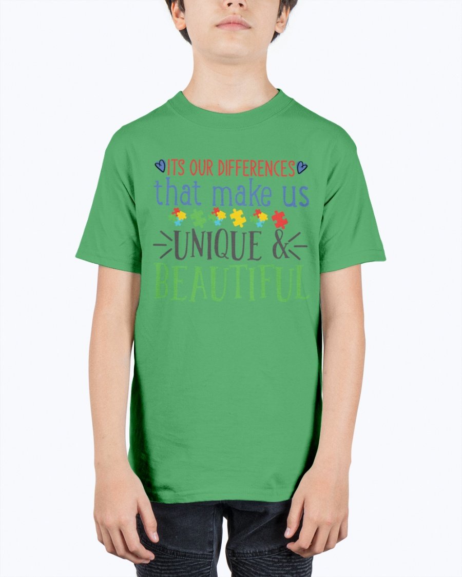 Youth tee featuring the message 'Its Our Differences That Make Us Unique & Beautiful - Autism', made from soft cotton.