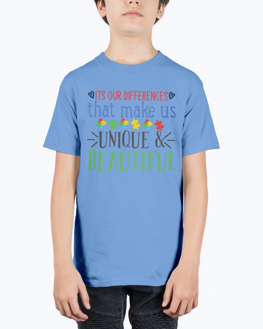 Youth tee featuring the message 'Its Our Differences That Make Us Unique & Beautiful - Autism', made from soft cotton.