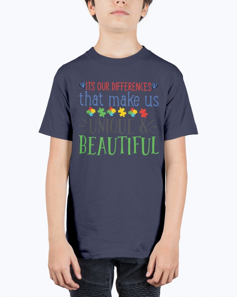 Youth tee featuring the message 'Its Our Differences That Make Us Unique & Beautiful - Autism', made from soft cotton.