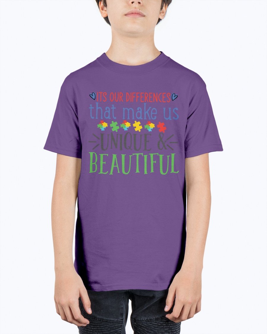 Youth tee featuring the message 'Its Our Differences That Make Us Unique & Beautiful - Autism', made from soft cotton.