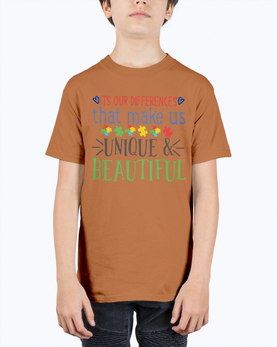 Youth tee featuring the message 'Its Our Differences That Make Us Unique & Beautiful - Autism', made from soft cotton.