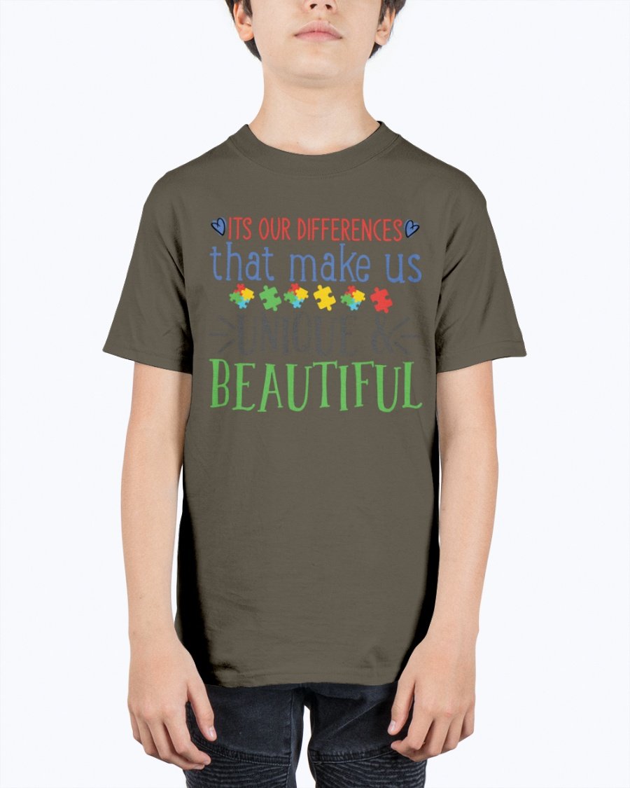 Youth tee featuring the message 'Its Our Differences That Make Us Unique & Beautiful - Autism', made from soft cotton.