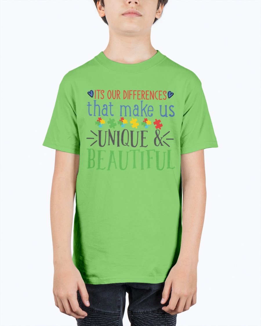 Youth tee featuring the message 'Its Our Differences That Make Us Unique & Beautiful - Autism', made from soft cotton.