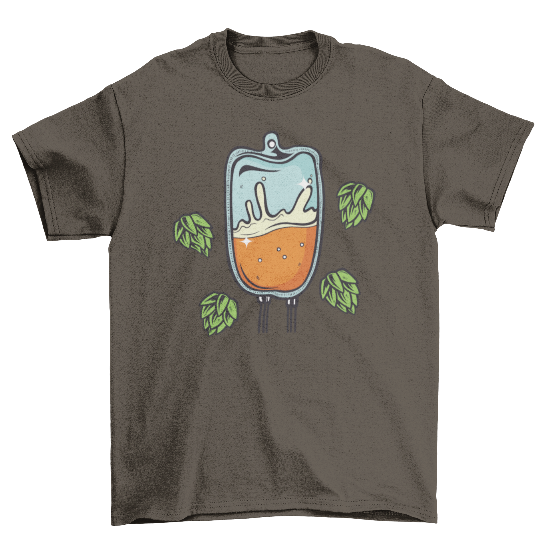 Iv beer bag t-shirt featuring an illustration of an IV bag filled with beer and hops, showcasing a fun and quirky design.