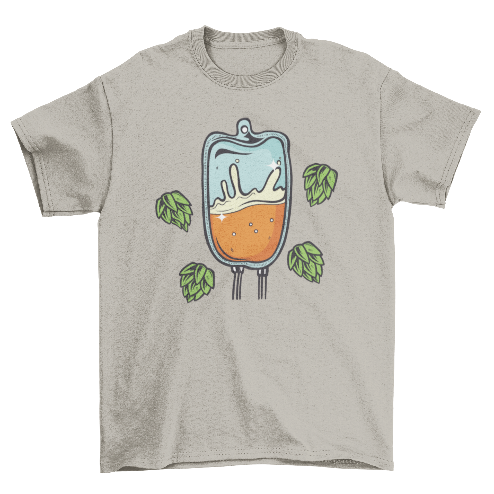 Iv beer bag t-shirt featuring an illustration of an IV bag filled with beer and hops, showcasing a fun and quirky design.