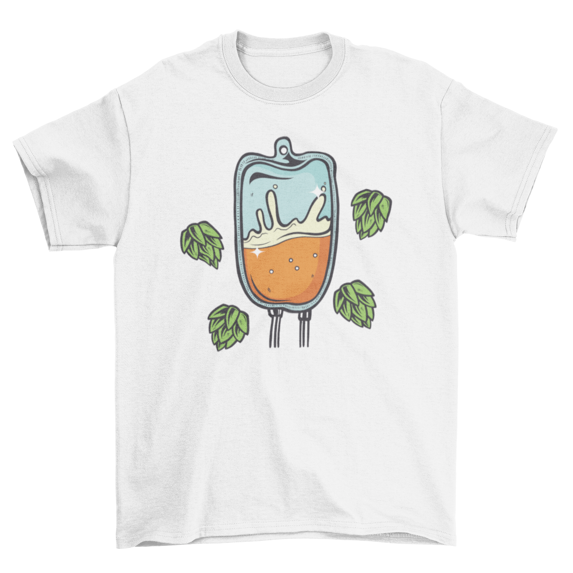 Iv beer bag t-shirt featuring an illustration of an IV bag filled with beer and hops, showcasing a fun and quirky design.