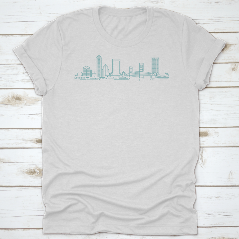 A stylish t-shirt featuring the Jacksonville Florida skyline design, made from 100% cotton with a classic fit.