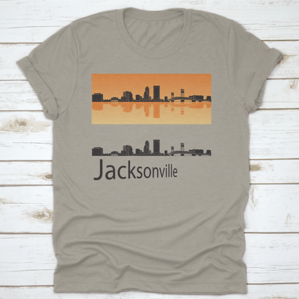 Vector illustration of Jacksonville skyline against a vibrant orange background, showcasing the city's iconic buildings and structures.