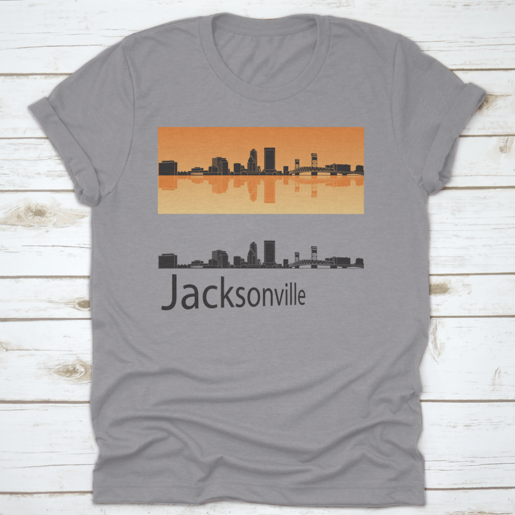 Vector illustration of Jacksonville skyline against a vibrant orange background, showcasing the city's iconic buildings and structures.