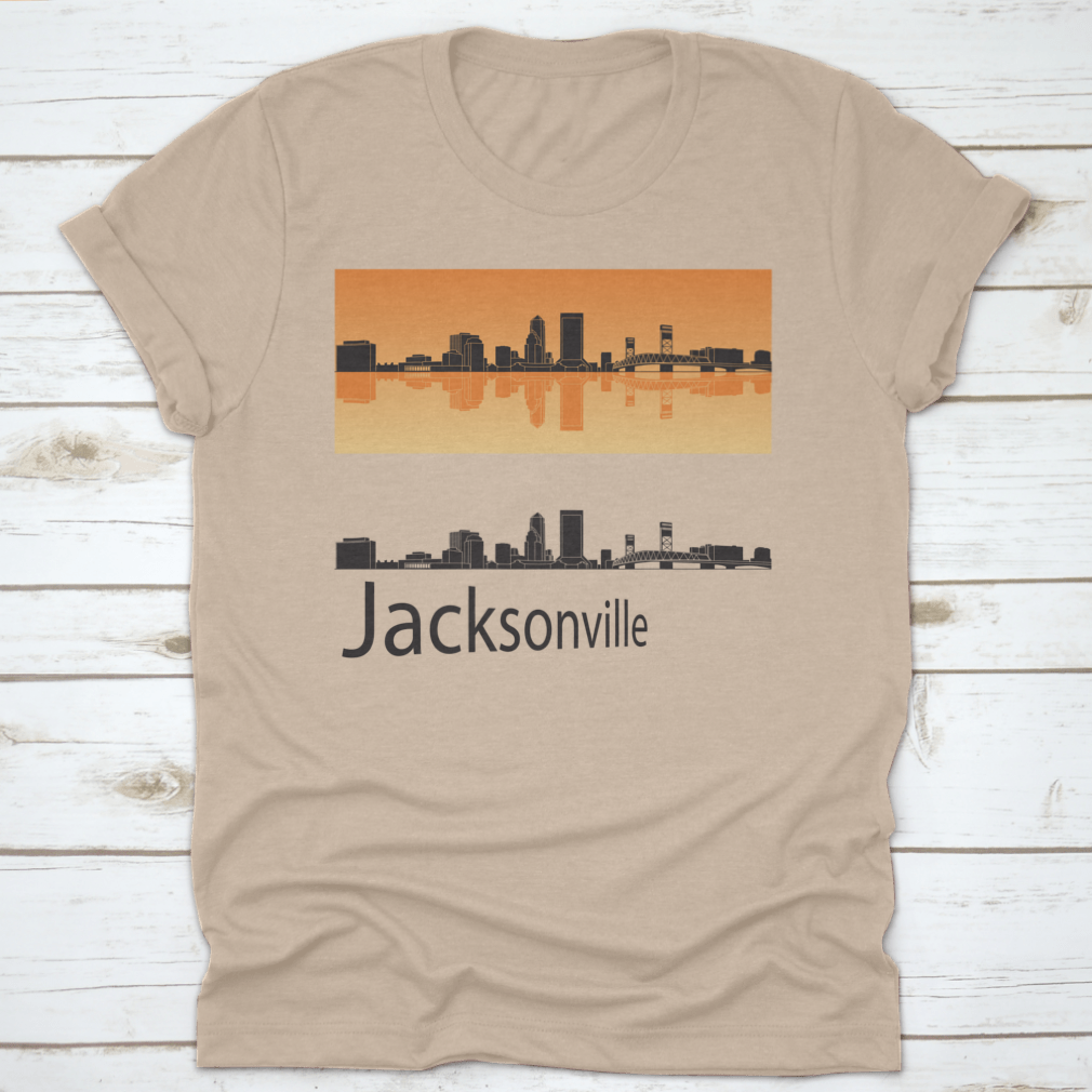 Vector illustration of Jacksonville skyline against a vibrant orange background, showcasing the city's iconic buildings and structures.