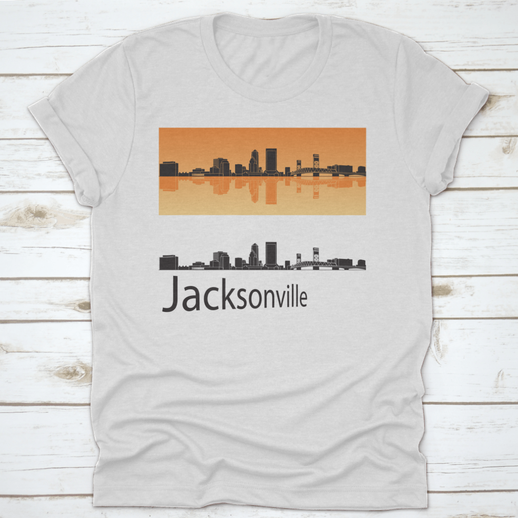 Vector illustration of Jacksonville skyline against a vibrant orange background, showcasing the city's iconic buildings and structures.