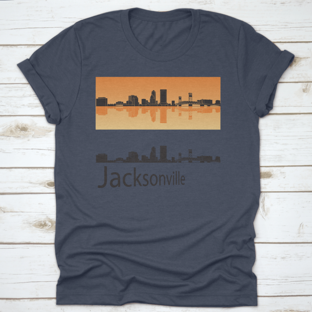 Vector illustration of Jacksonville skyline against a vibrant orange background, showcasing the city's iconic buildings and structures.