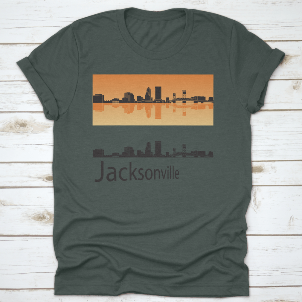 Vector illustration of Jacksonville skyline against a vibrant orange background, showcasing the city's iconic buildings and structures.