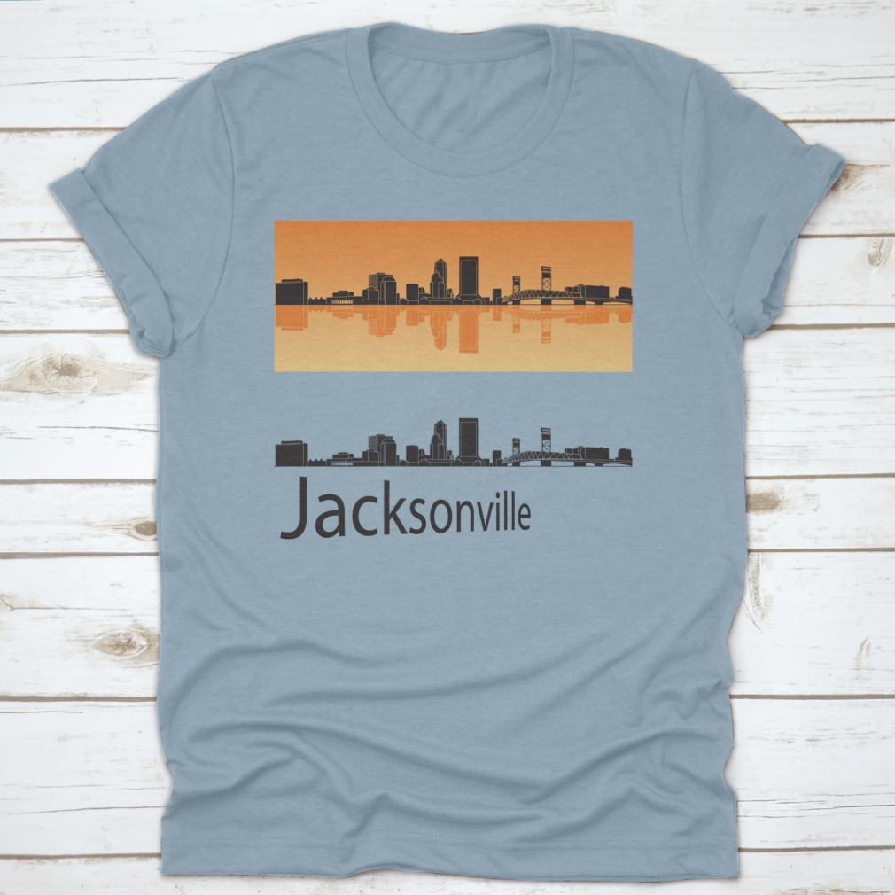 Vector illustration of Jacksonville skyline against a vibrant orange background, showcasing the city's iconic buildings and structures.