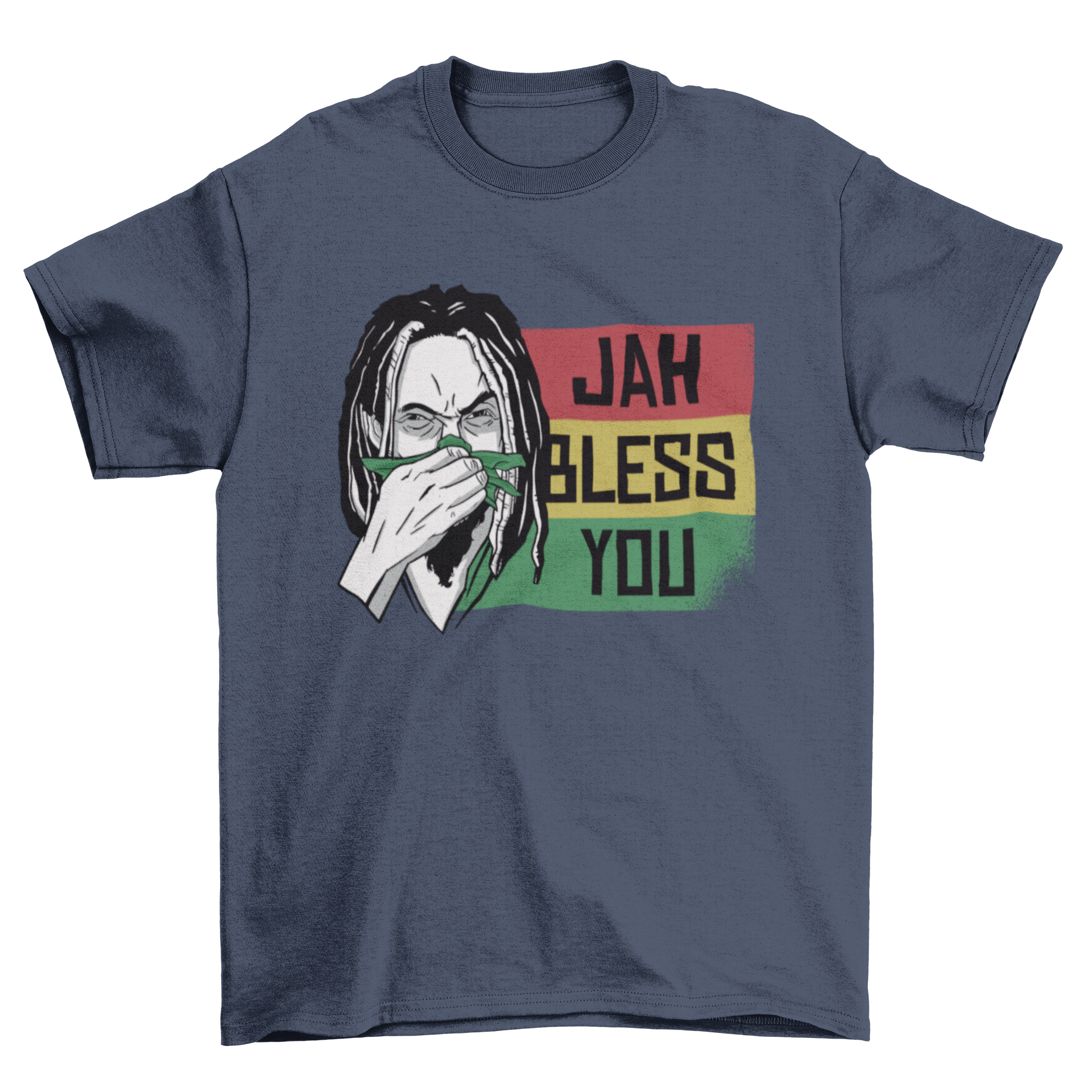 Jah Bless You Rastafari T-shirt featuring a Rastafari man blowing his nose with the quote JAH BLESS YOU.