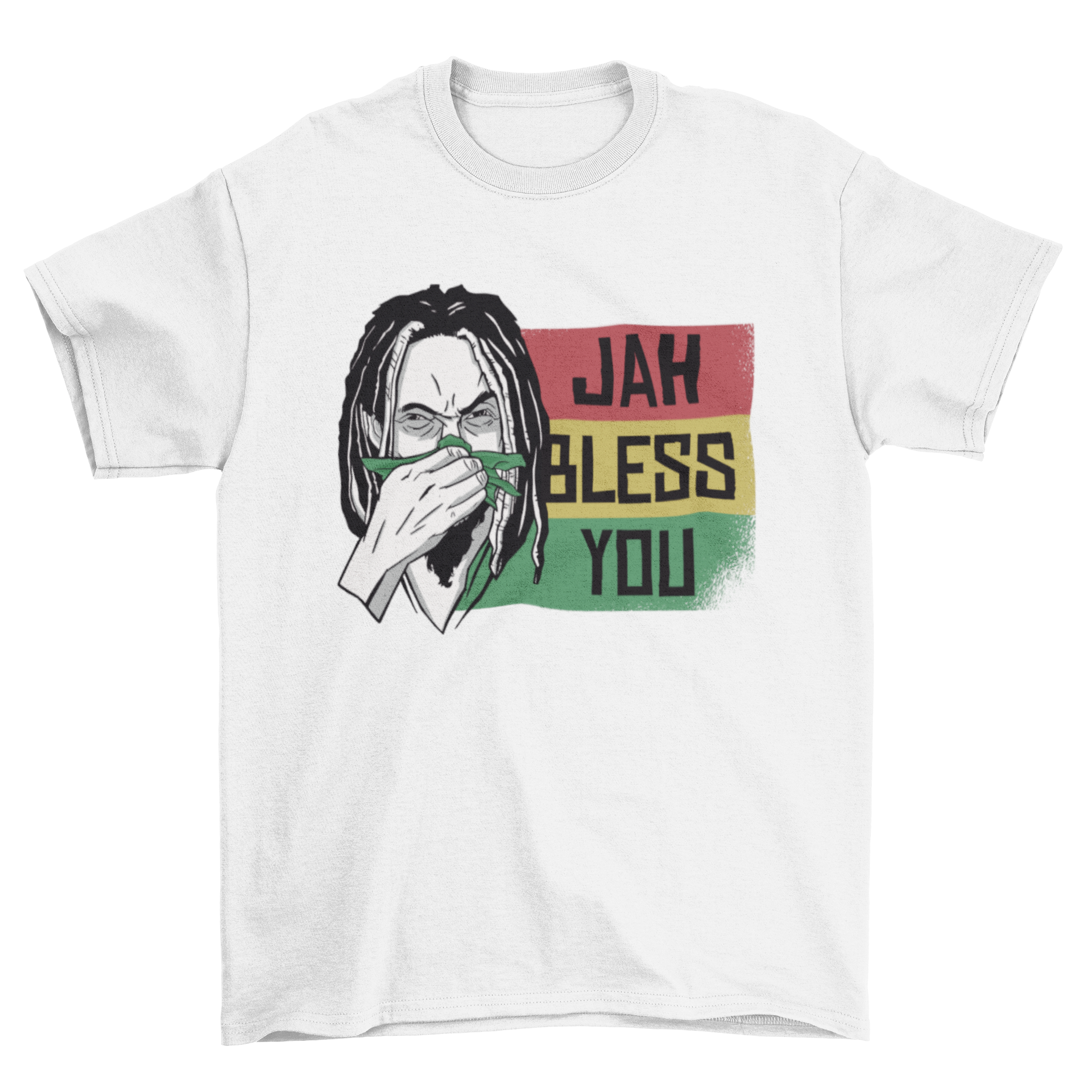 Jah Bless You Rastafari T-shirt featuring a Rastafari man blowing his nose with the quote JAH BLESS YOU.