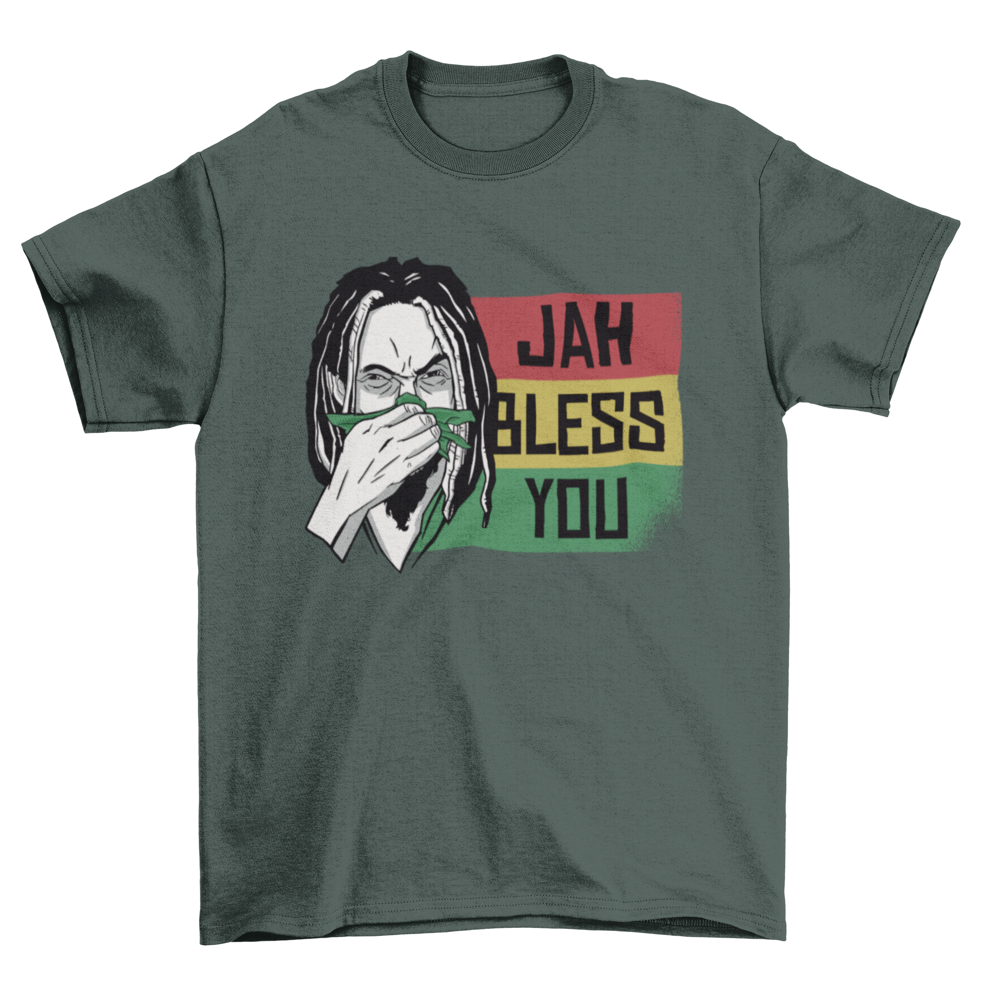 Jah Bless You Rastafari T-shirt featuring a Rastafari man blowing his nose with the quote JAH BLESS YOU.