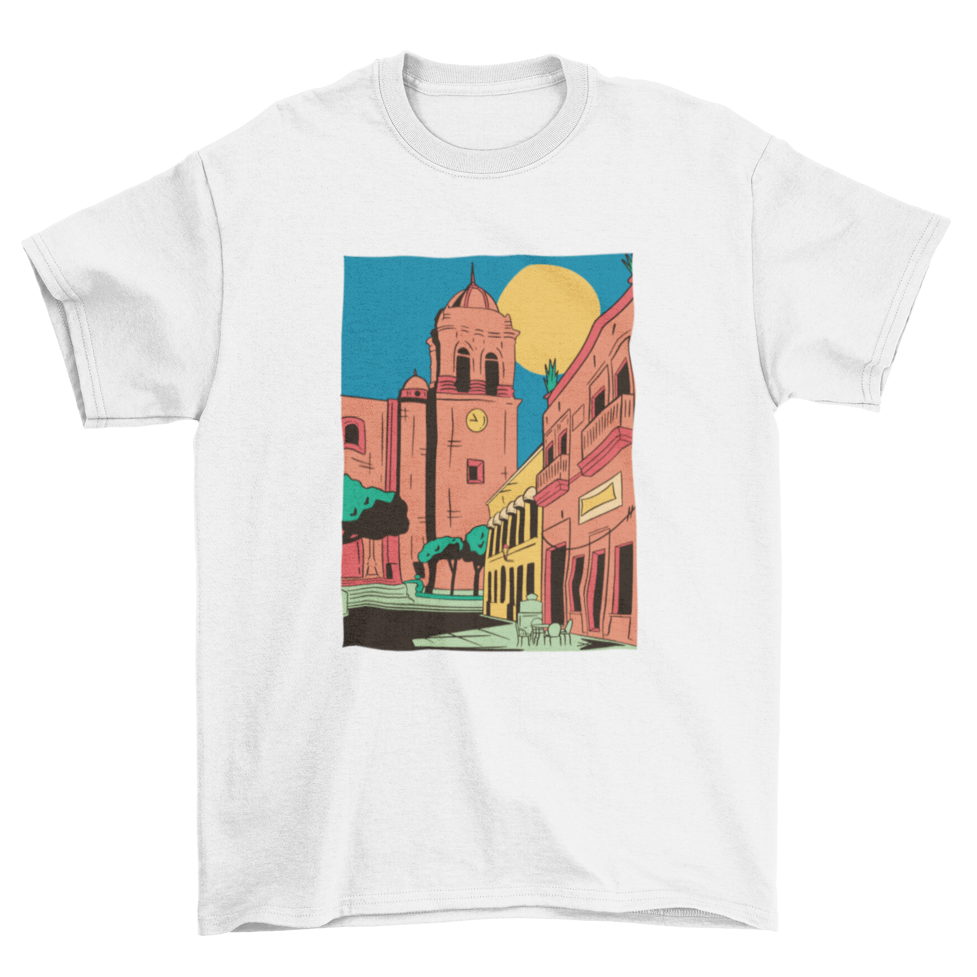 A vibrant Jalisco city t-shirt featuring colorful design elements representing the culture of Jalisco, perfect for travel lovers.