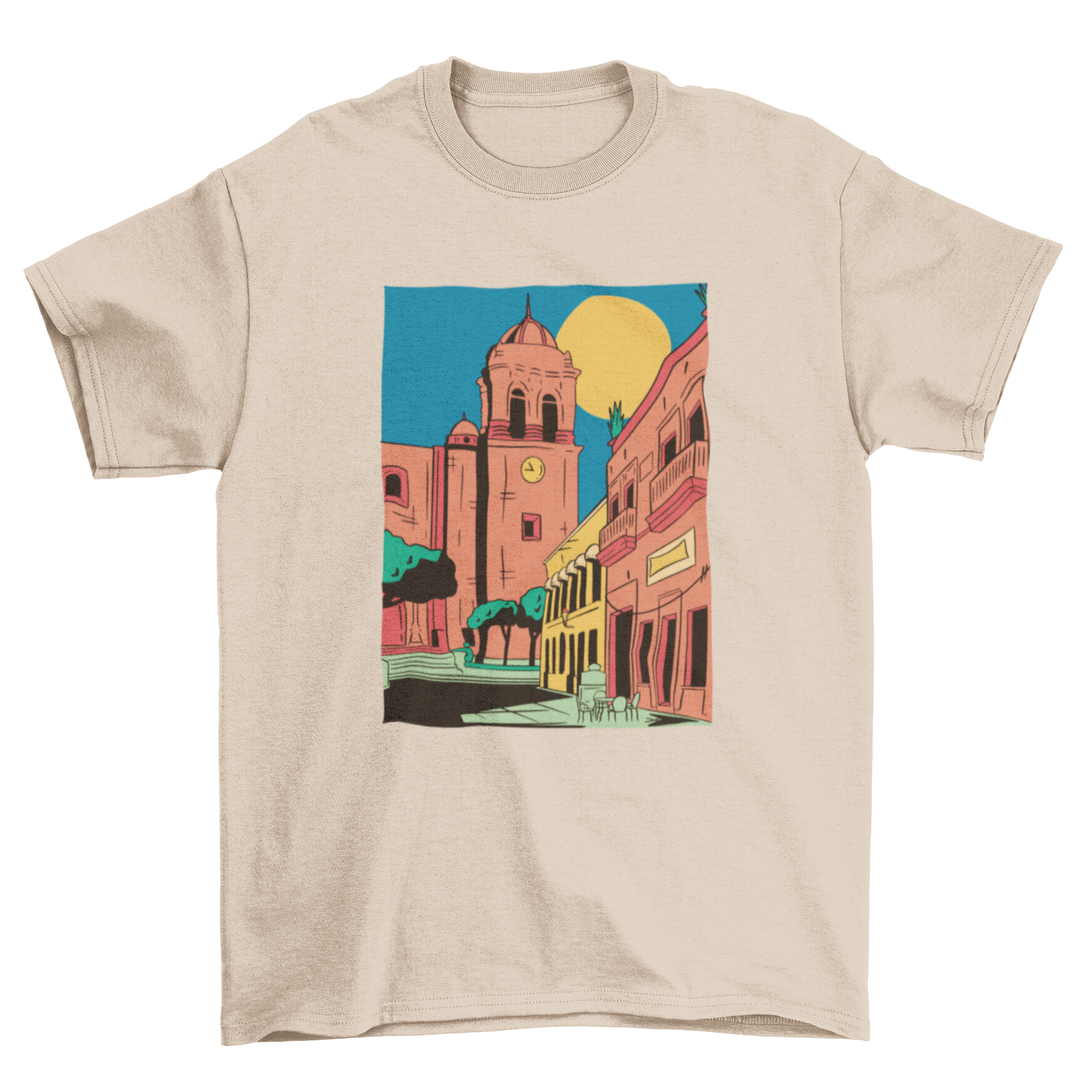 A vibrant Jalisco city t-shirt featuring colorful design elements representing the culture of Jalisco, perfect for travel lovers.