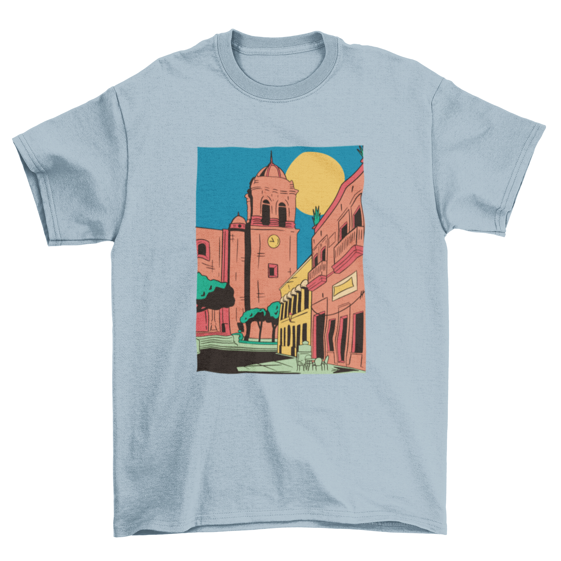 A vibrant Jalisco city t-shirt featuring colorful design elements representing the culture of Jalisco, perfect for travel lovers.