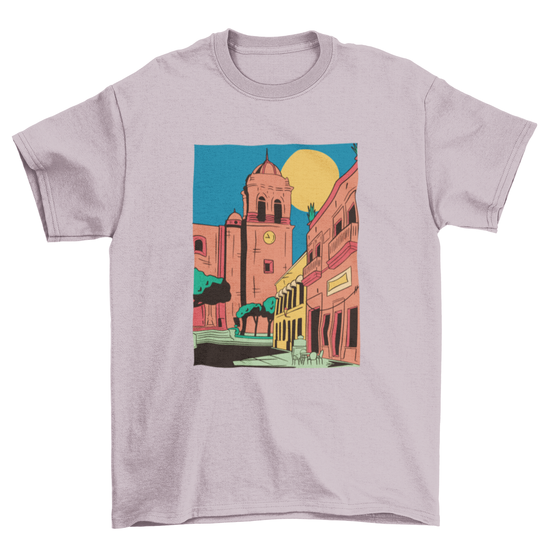 A vibrant Jalisco city t-shirt featuring colorful design elements representing the culture of Jalisco, perfect for travel lovers.