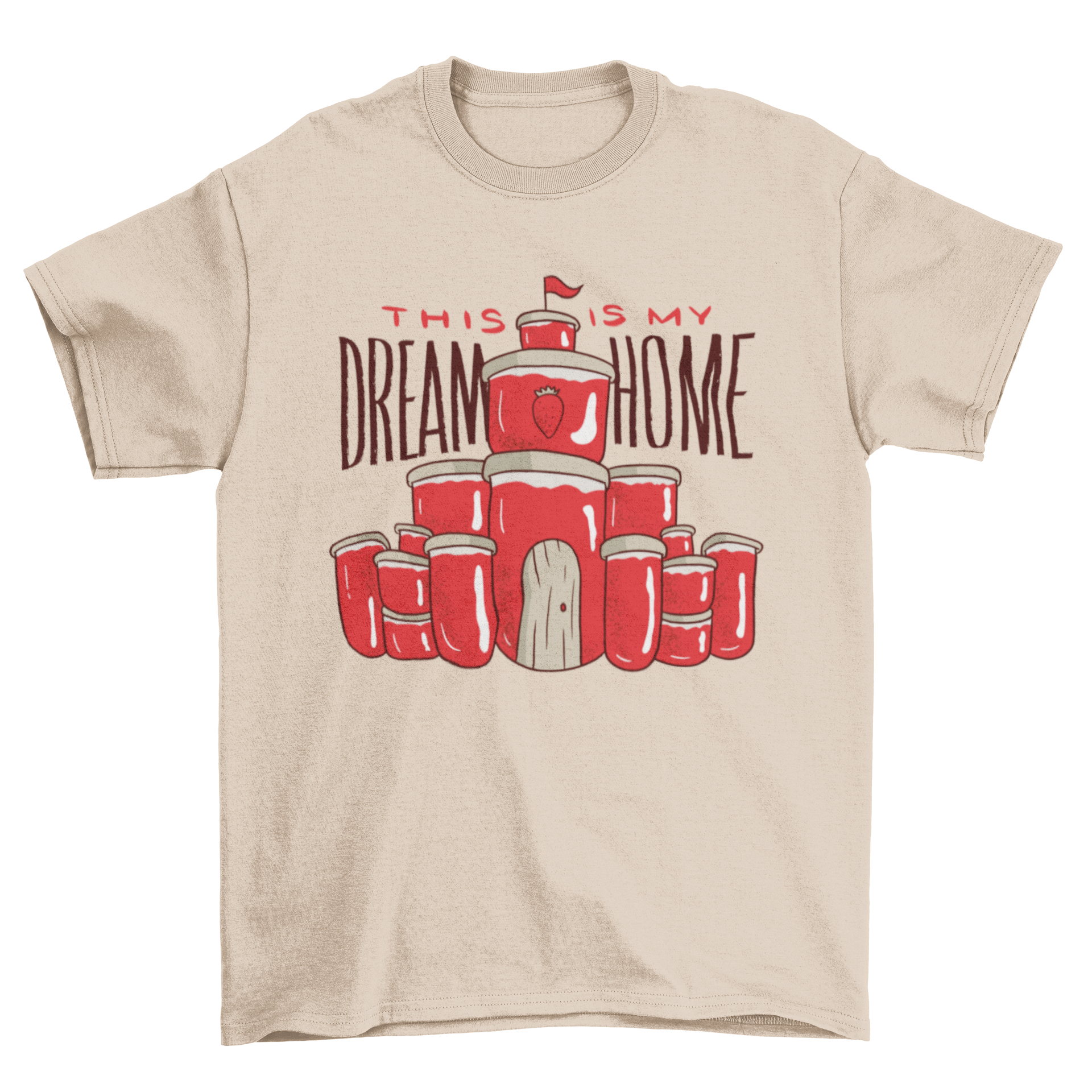 Jam Dream Home T-shirt featuring a colorful house made of jam jars and a quote.