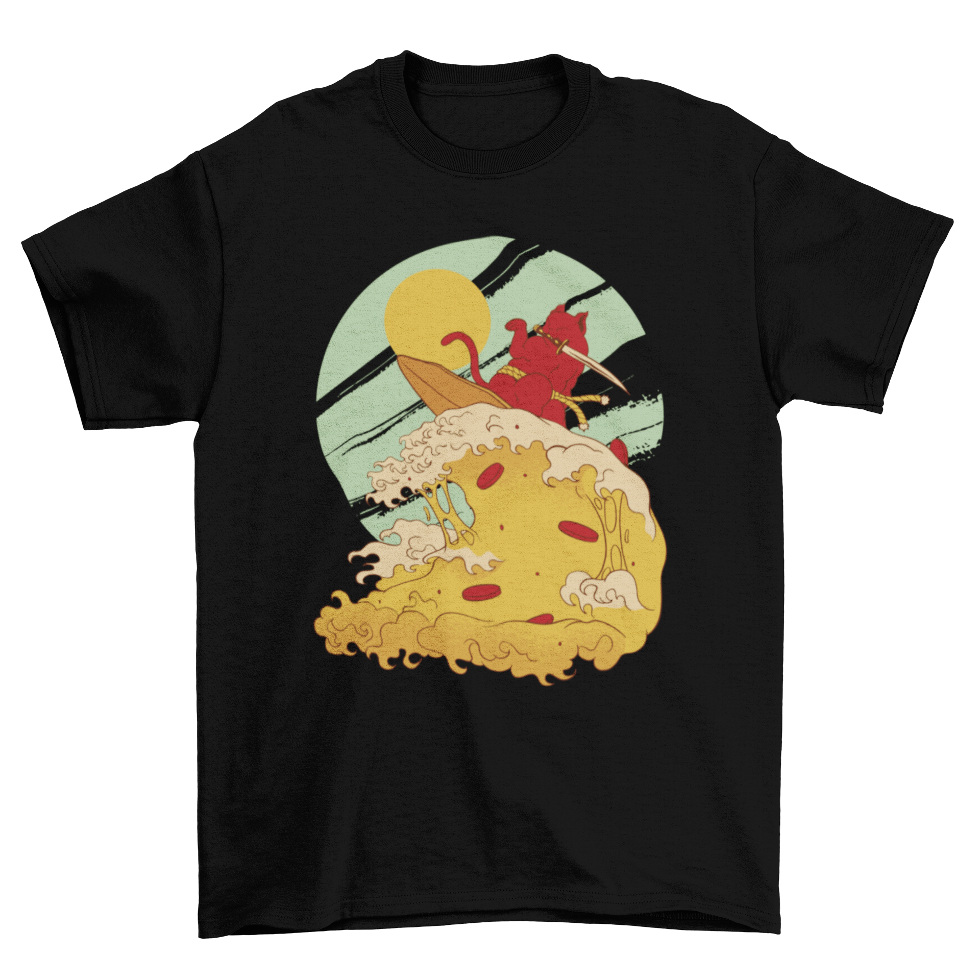 A vibrant t-shirt featuring a cute cat surfing on a colorful pizza wave, showcasing a fun and whimsical design.