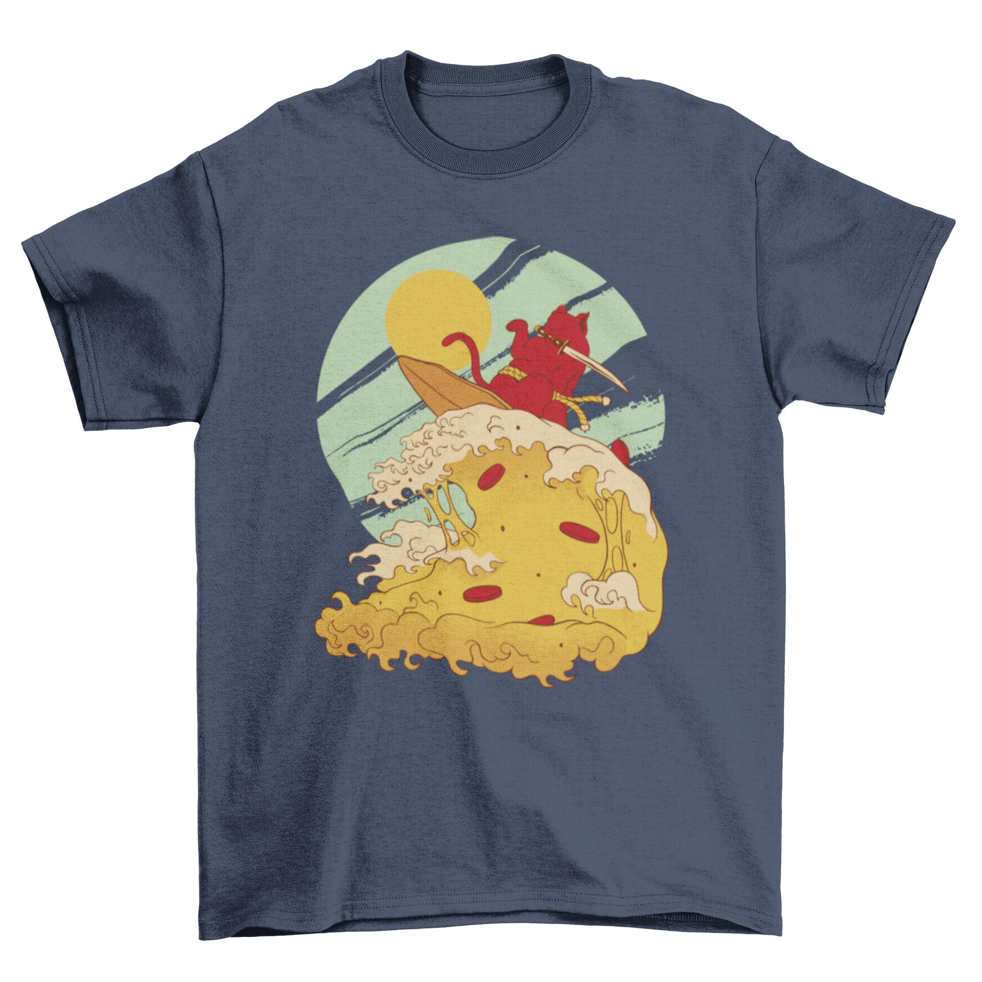 A vibrant t-shirt featuring a cute cat surfing on a colorful pizza wave, showcasing a fun and whimsical design.