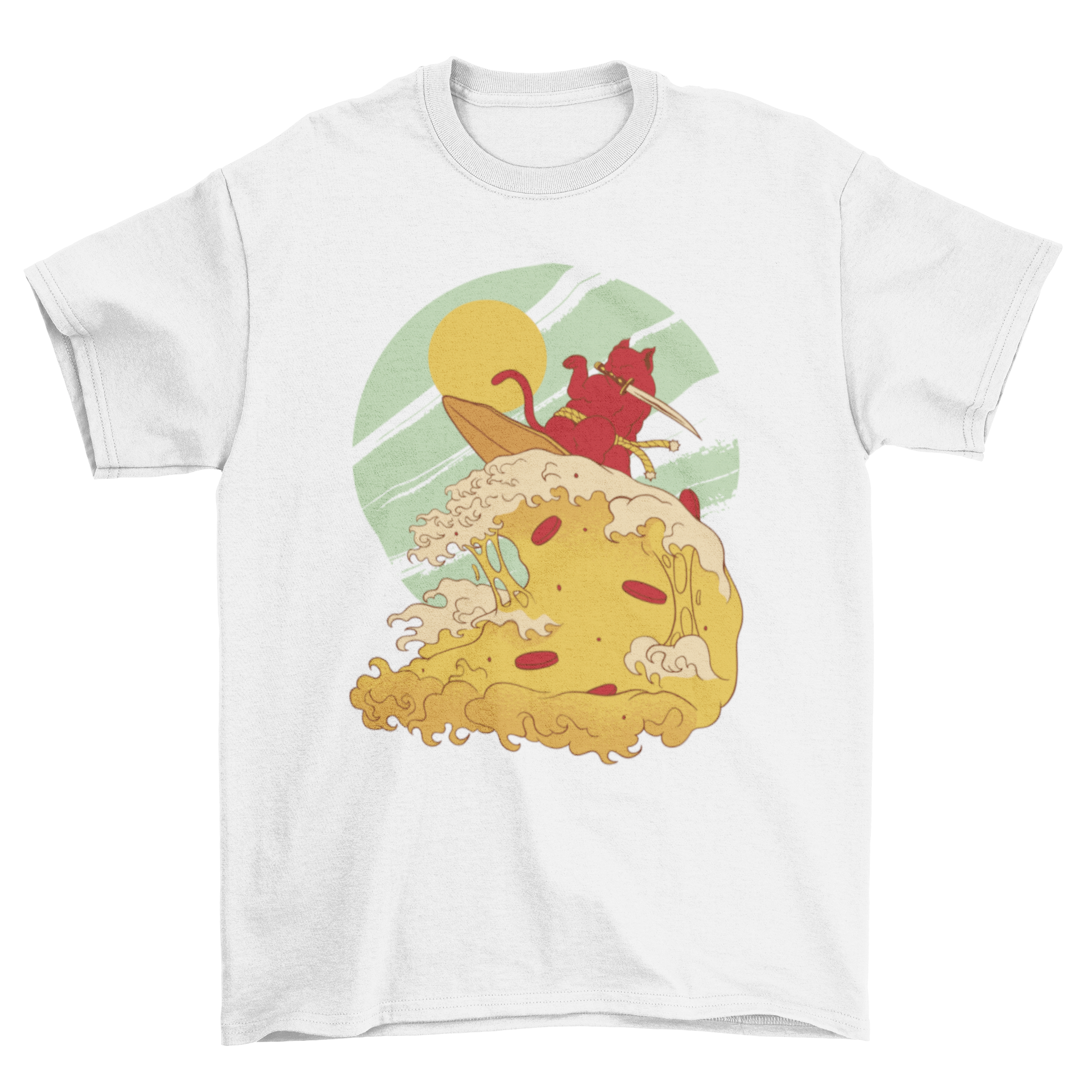 A vibrant t-shirt featuring a cute cat surfing on a colorful pizza wave, showcasing a fun and whimsical design.