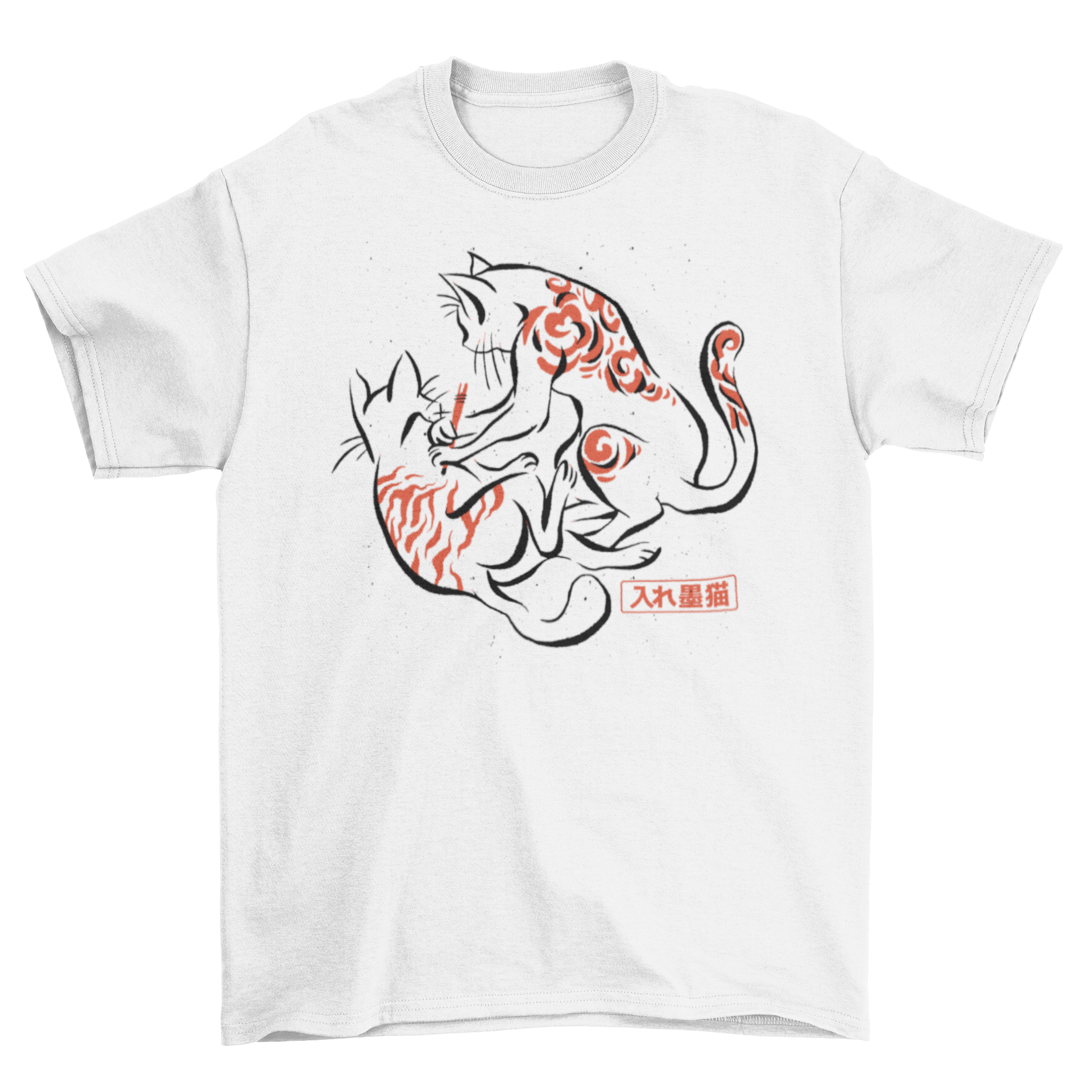 A stylish t-shirt featuring a unique tattoo design of a cat drawing on another cat, showcasing Japanese art.