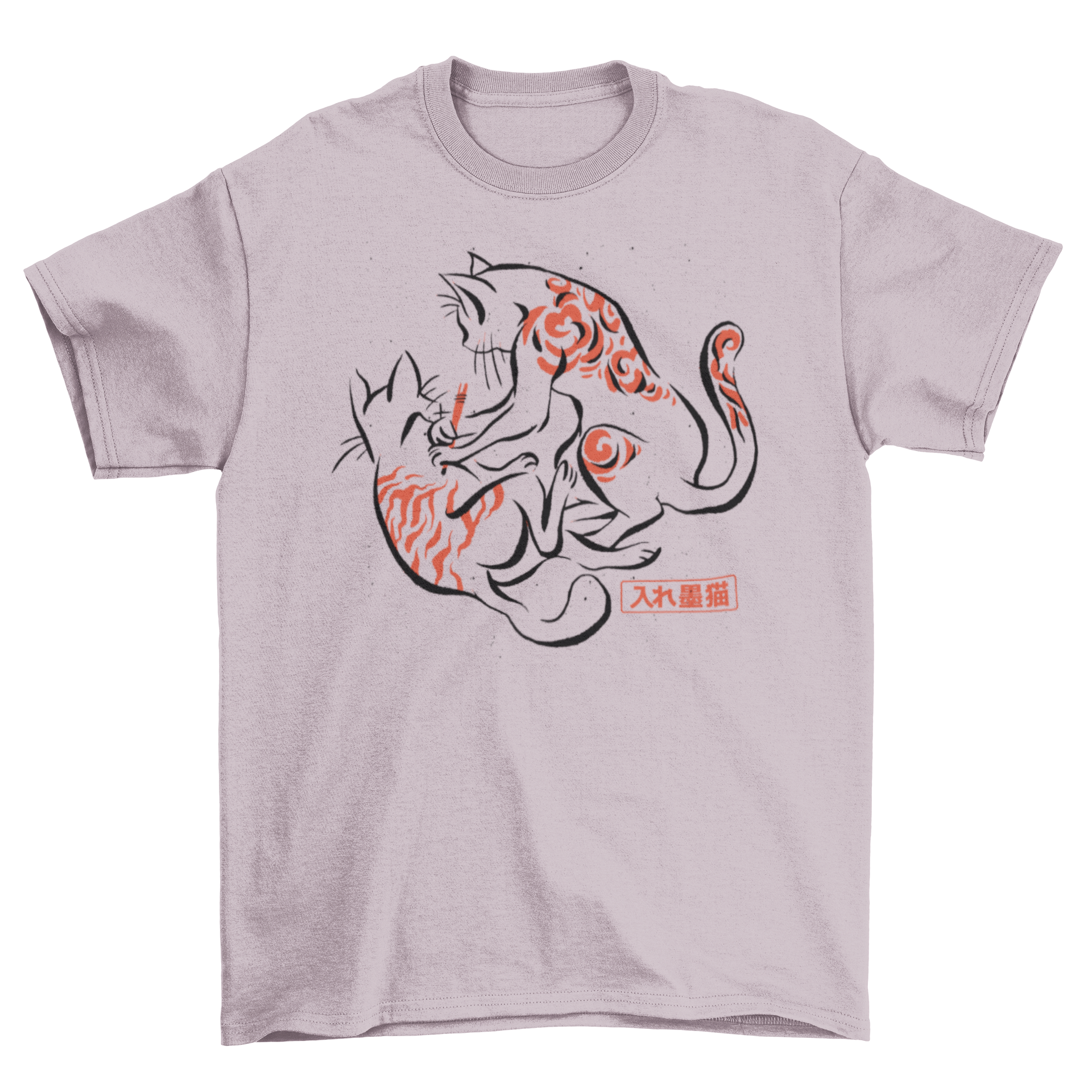 A stylish t-shirt featuring a unique tattoo design of a cat drawing on another cat, showcasing Japanese art.