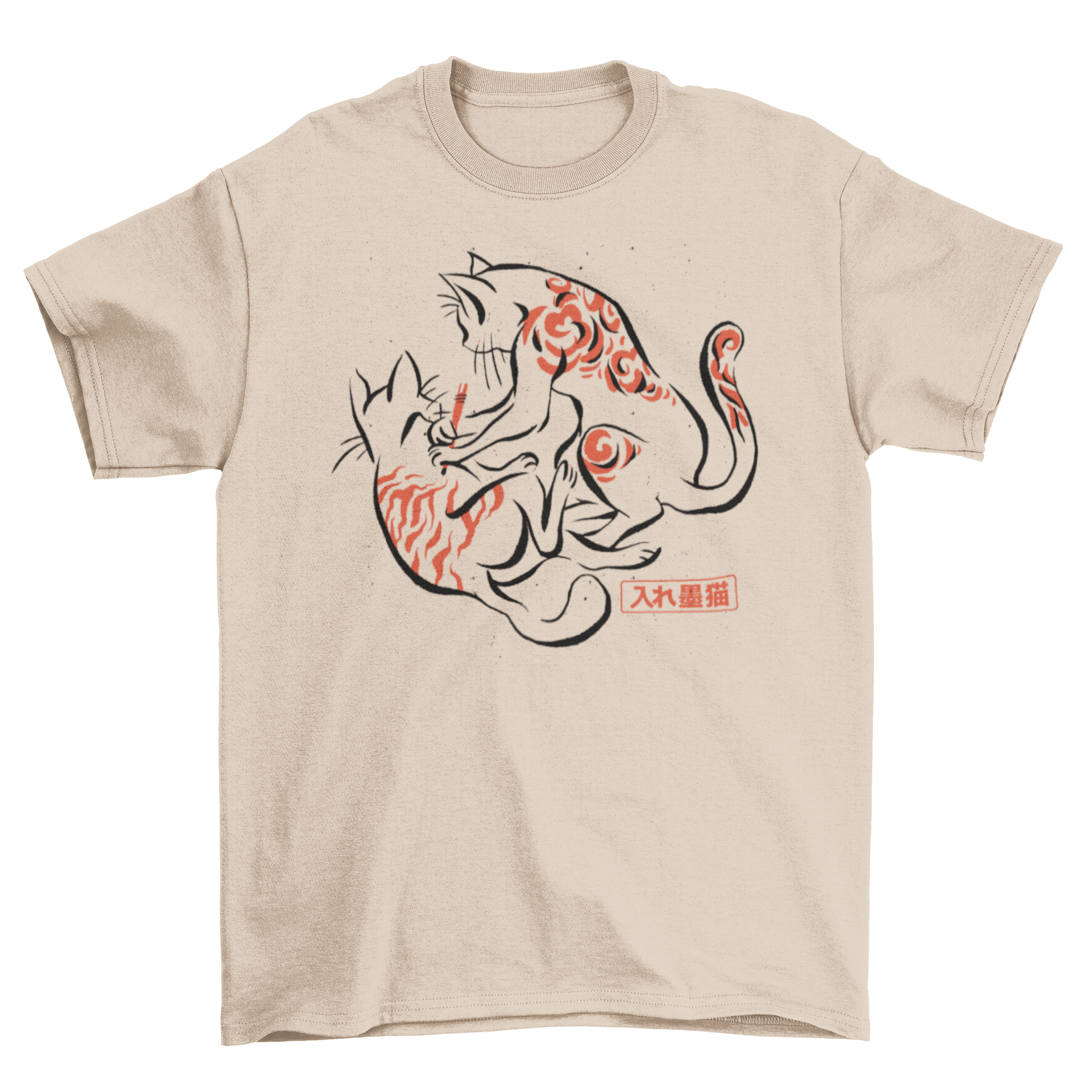 A stylish t-shirt featuring a unique tattoo design of a cat drawing on another cat, showcasing Japanese art.