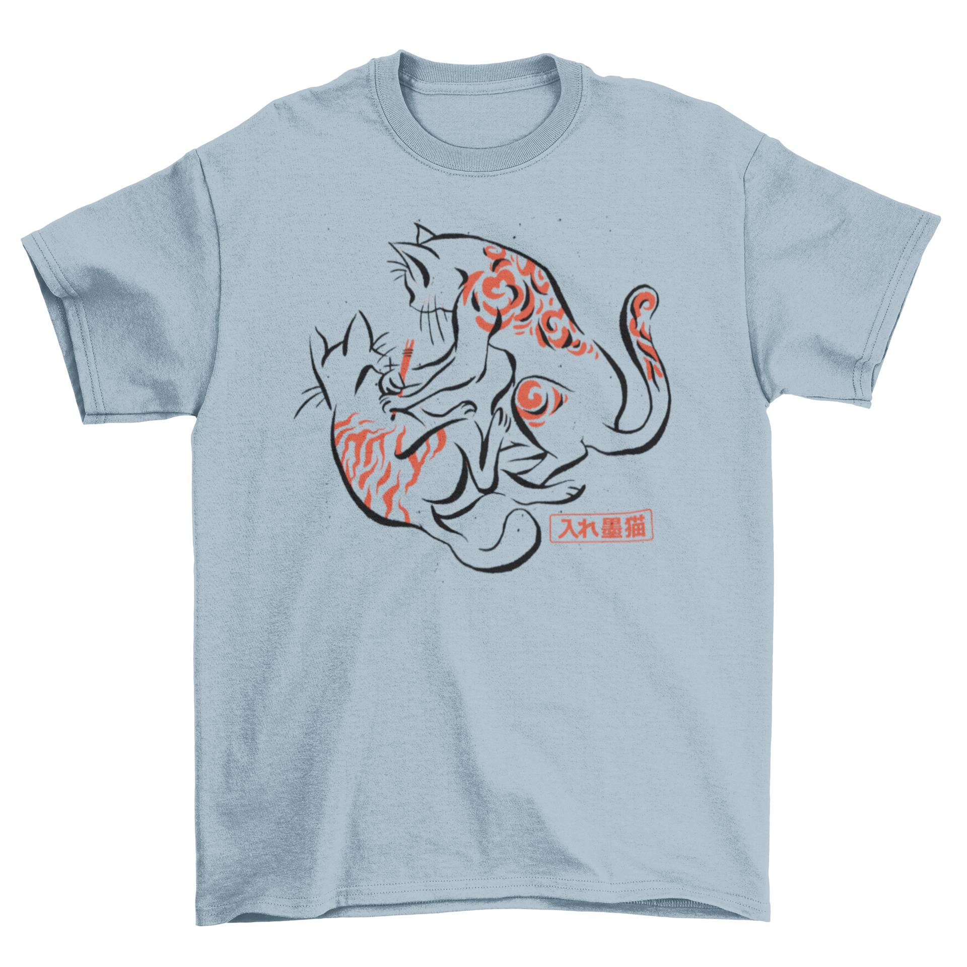 A stylish t-shirt featuring a unique tattoo design of a cat drawing on another cat, showcasing Japanese art.