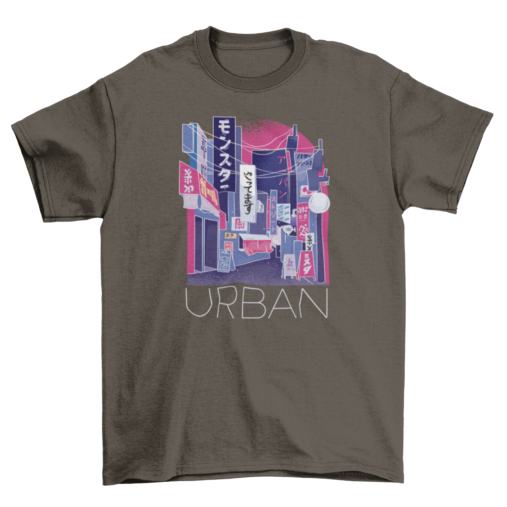 A stylish t-shirt featuring a vibrant Japanese street scene with stores and the quote 'Urban'.