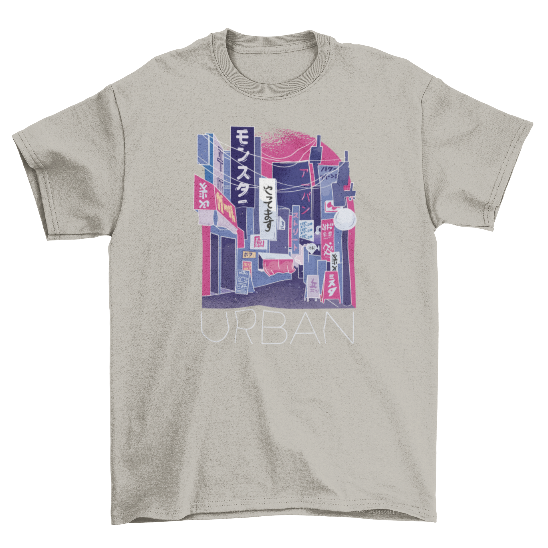 A stylish t-shirt featuring a vibrant Japanese street scene with stores and the quote 'Urban'.