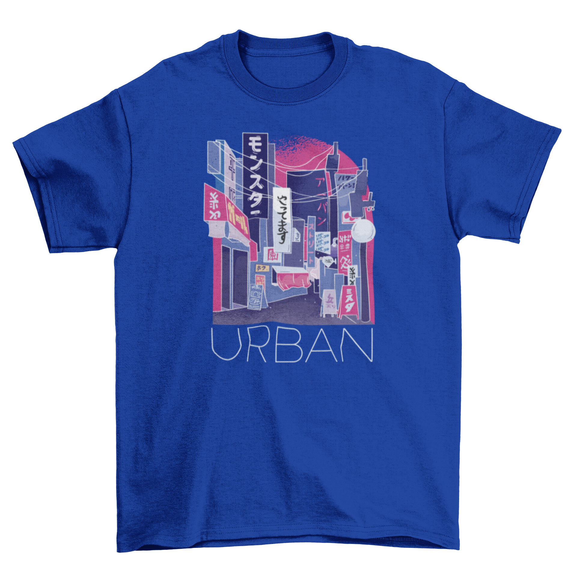 A stylish t-shirt featuring a vibrant Japanese street scene with stores and the quote 'Urban'.