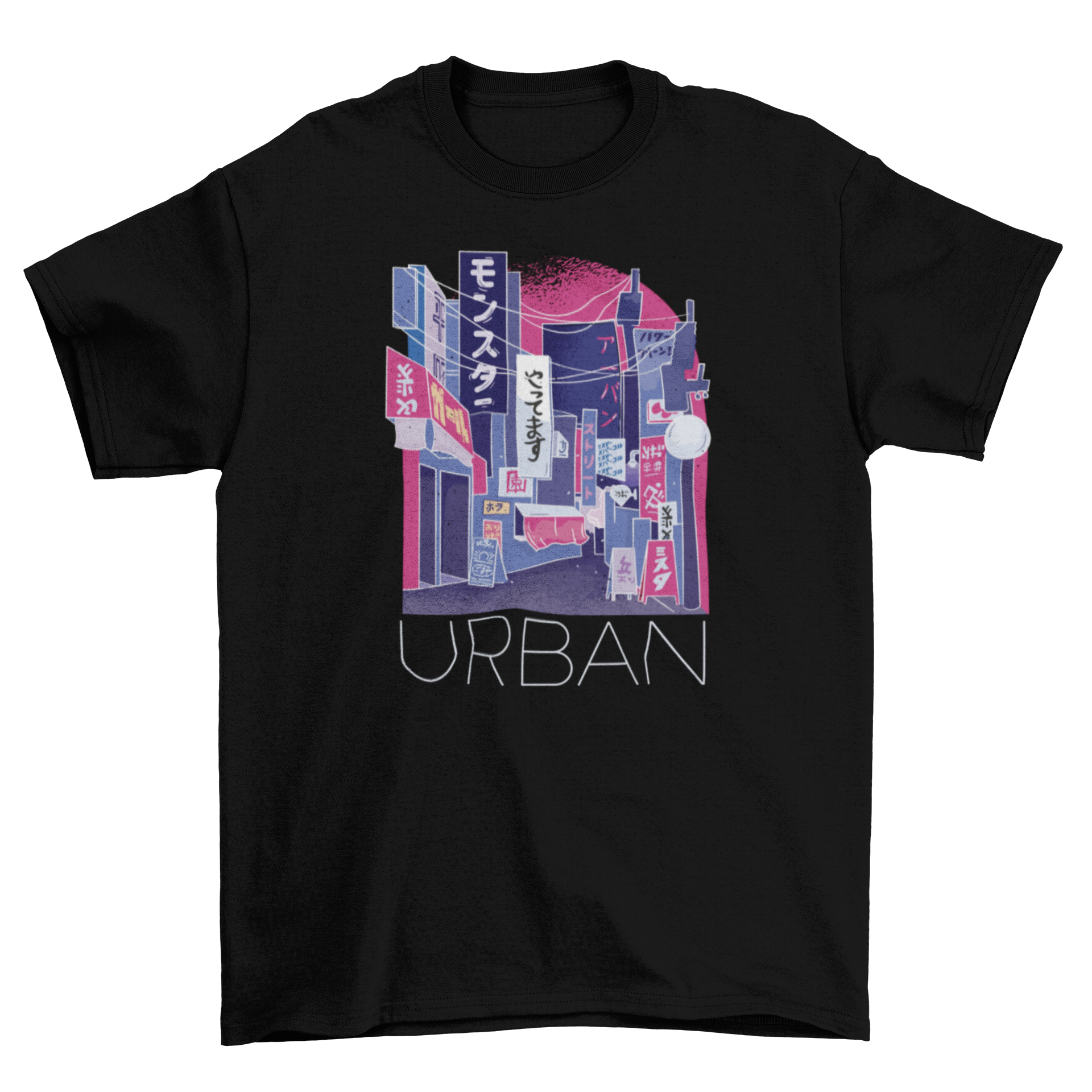 A stylish t-shirt featuring a vibrant Japanese street scene with stores and the quote 'Urban'.