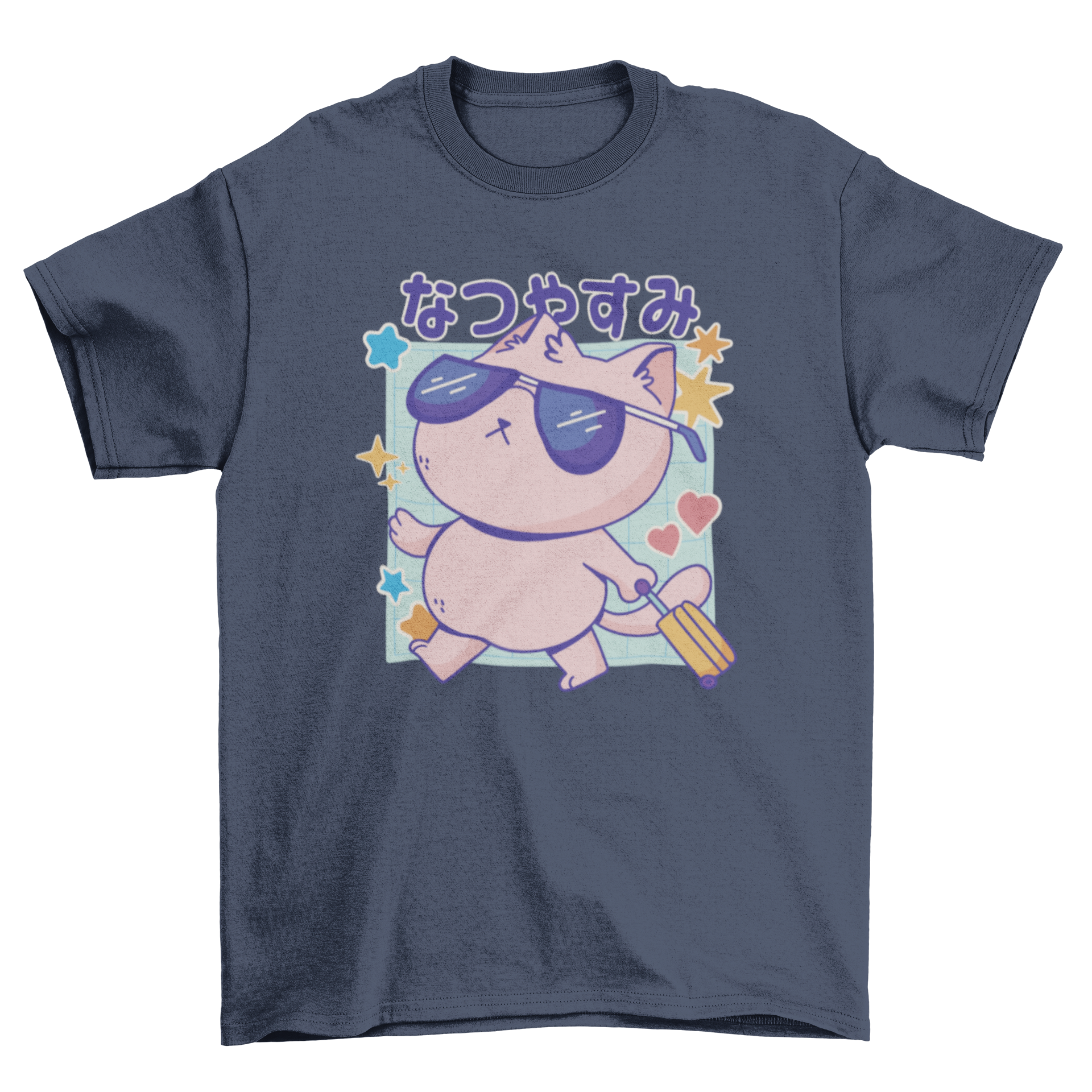 Japanese cool traveling cat t-shirt featuring a cat and the phrase 'summer holidays' in Japanese, perfect for summer wear.