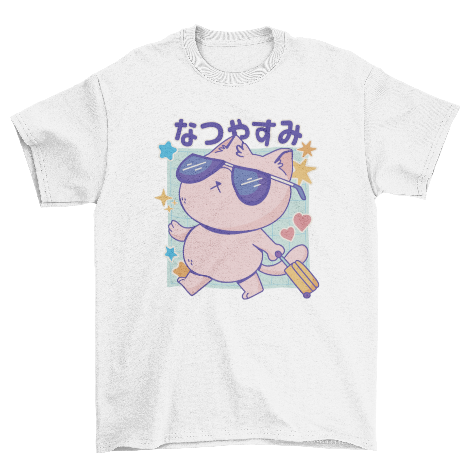 Japanese cool traveling cat t-shirt featuring a cat and the phrase 'summer holidays' in Japanese, perfect for summer wear.