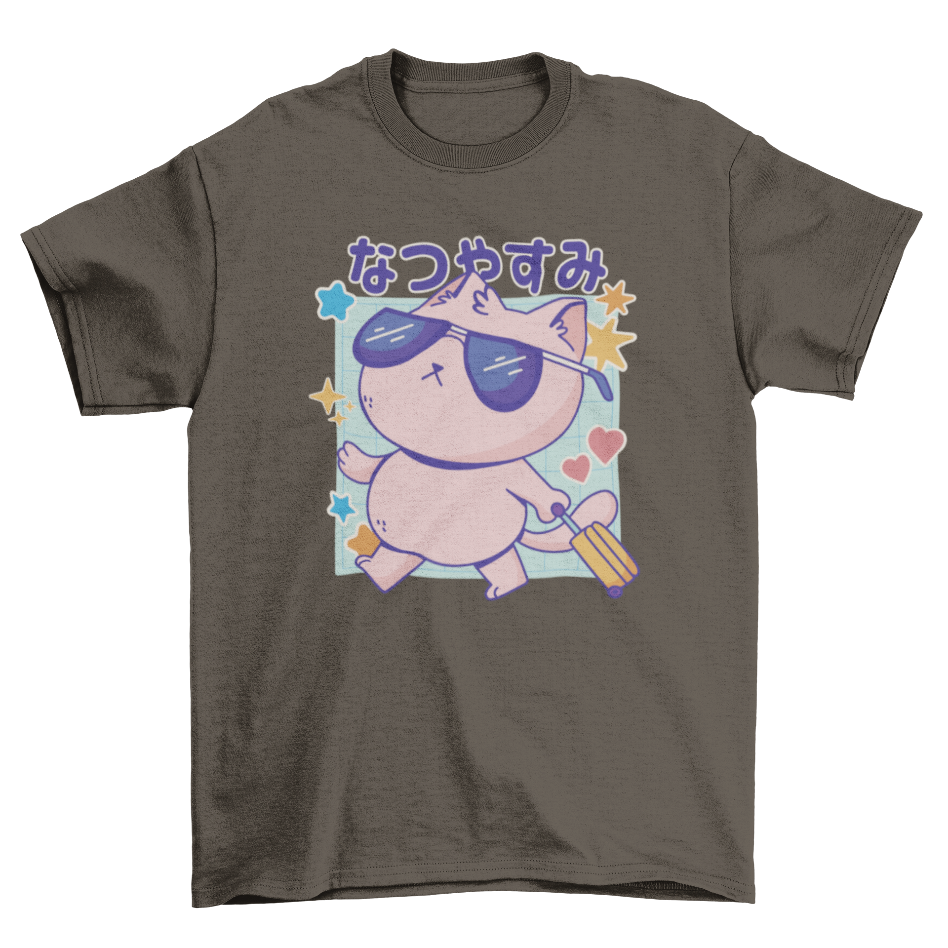 Japanese cool traveling cat t-shirt featuring a cat and the phrase 'summer holidays' in Japanese, perfect for summer wear.