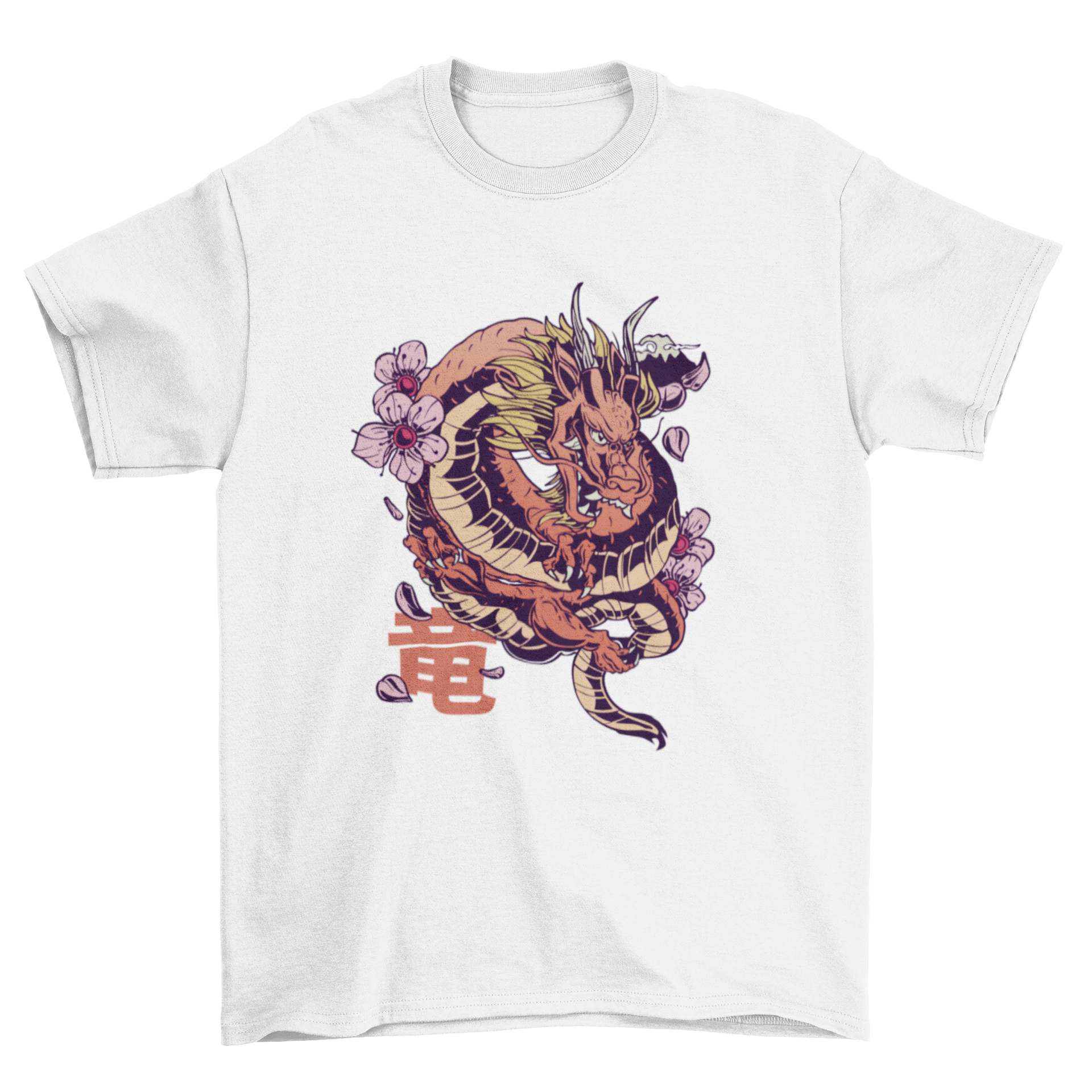 A stylish t-shirt featuring a Japanese dragon entwined with sakura flowers and a Japanese quote meaning 'Dragon'.