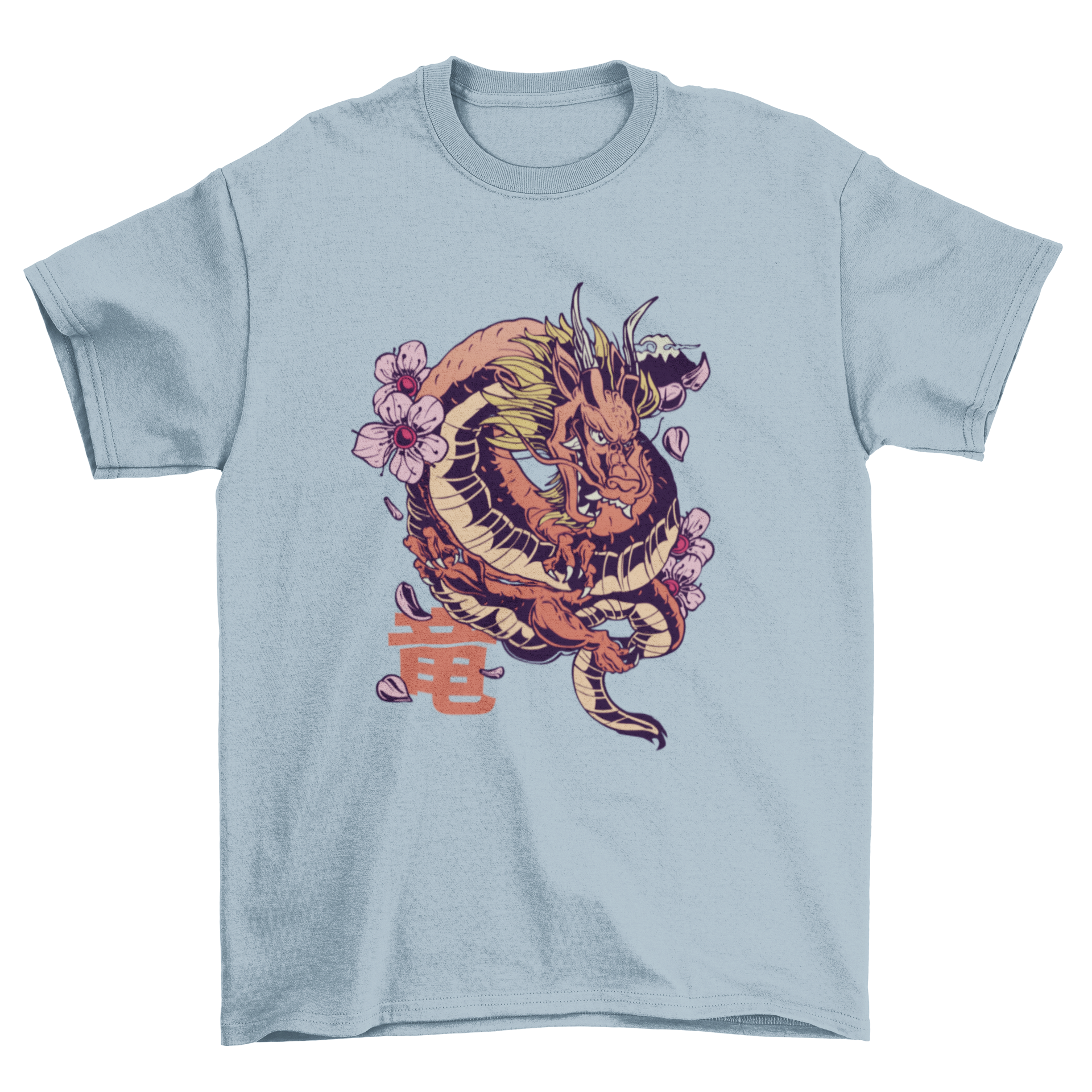 A stylish t-shirt featuring a Japanese dragon entwined with sakura flowers and a Japanese quote meaning 'Dragon'.