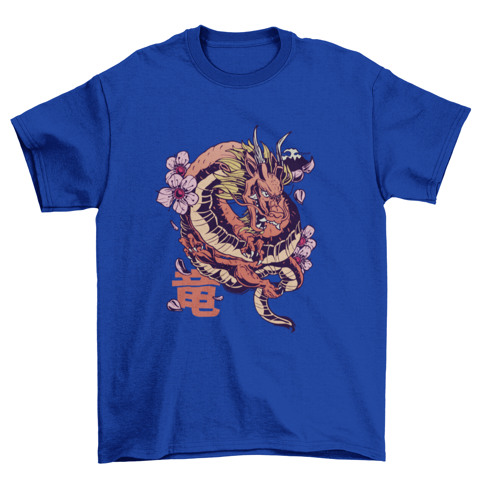 A stylish t-shirt featuring a Japanese dragon entwined with sakura flowers and a Japanese quote meaning 'Dragon'.