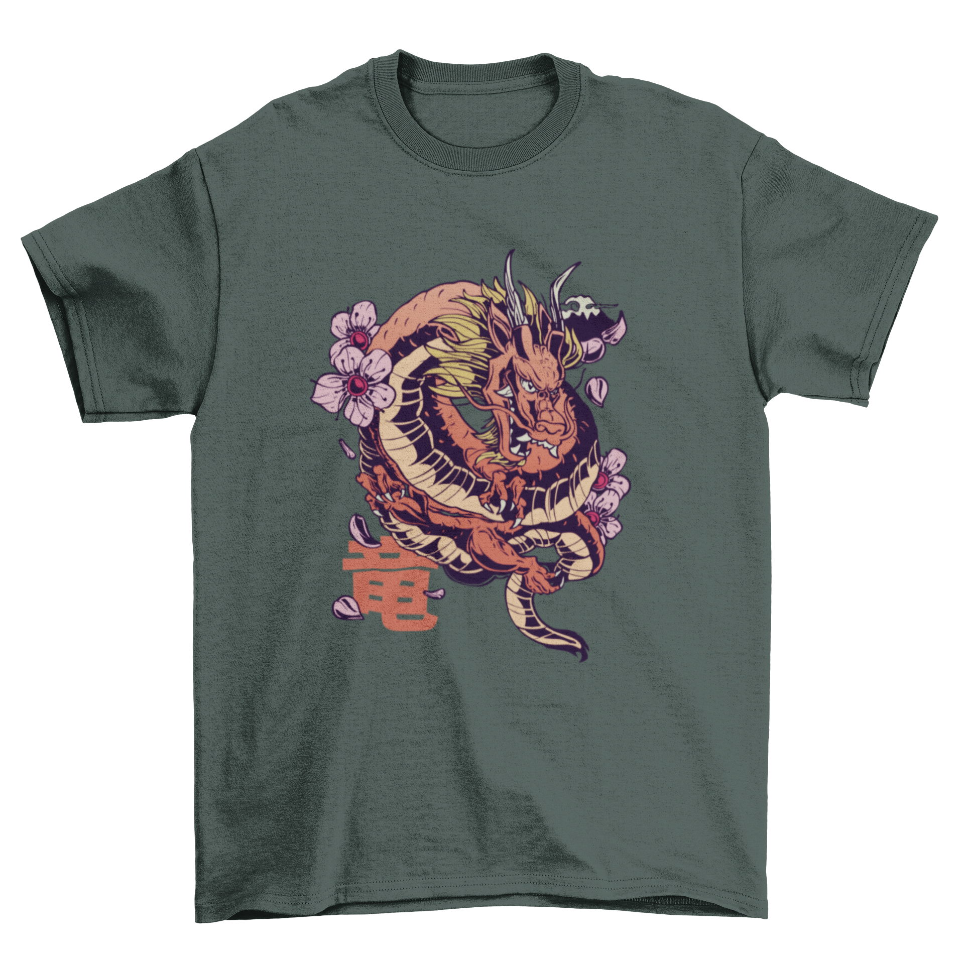 A stylish t-shirt featuring a Japanese dragon entwined with sakura flowers and a Japanese quote meaning 'Dragon'.