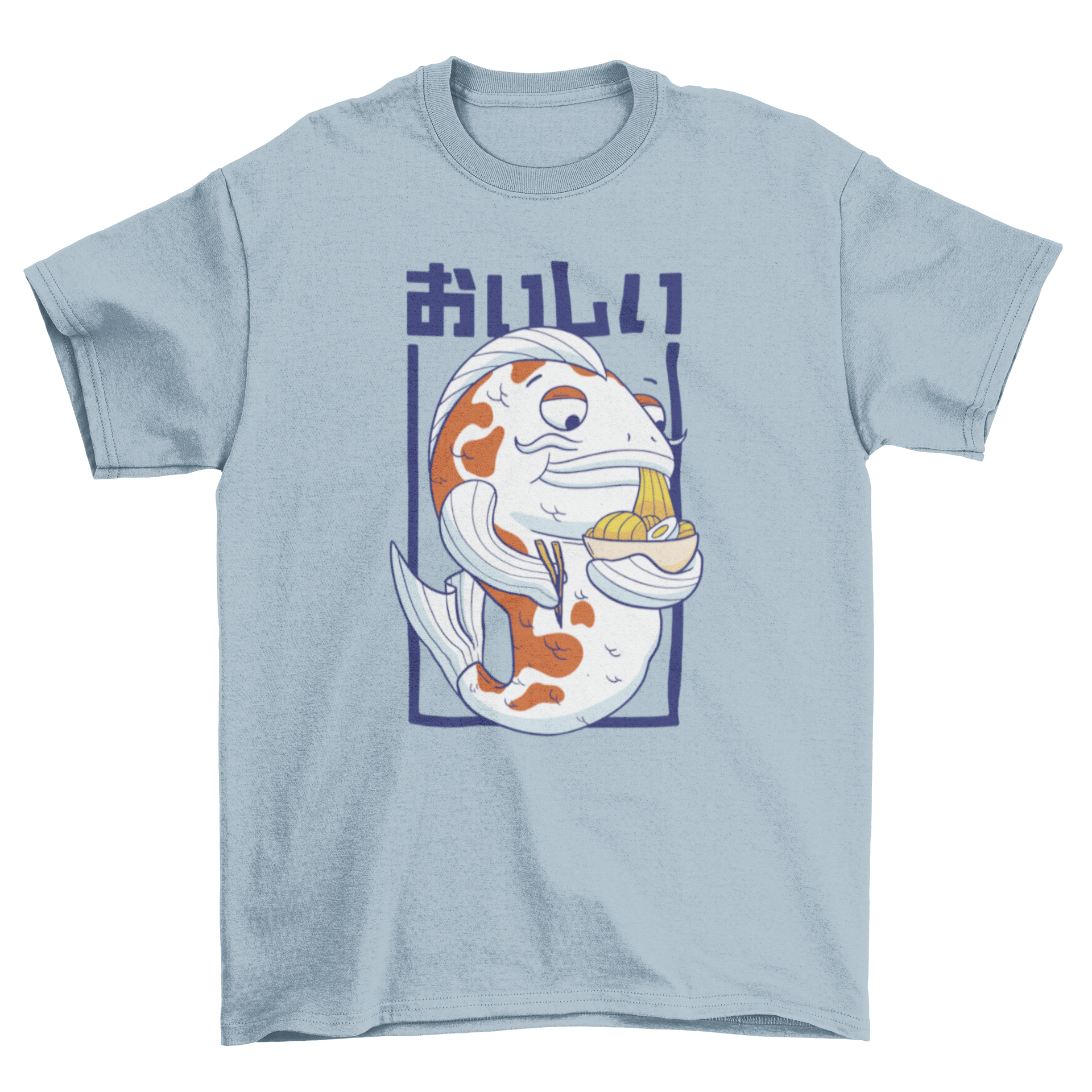 A stylish t-shirt featuring a Japanese carp fish character happily eating ramen, showcasing a unique and playful design.