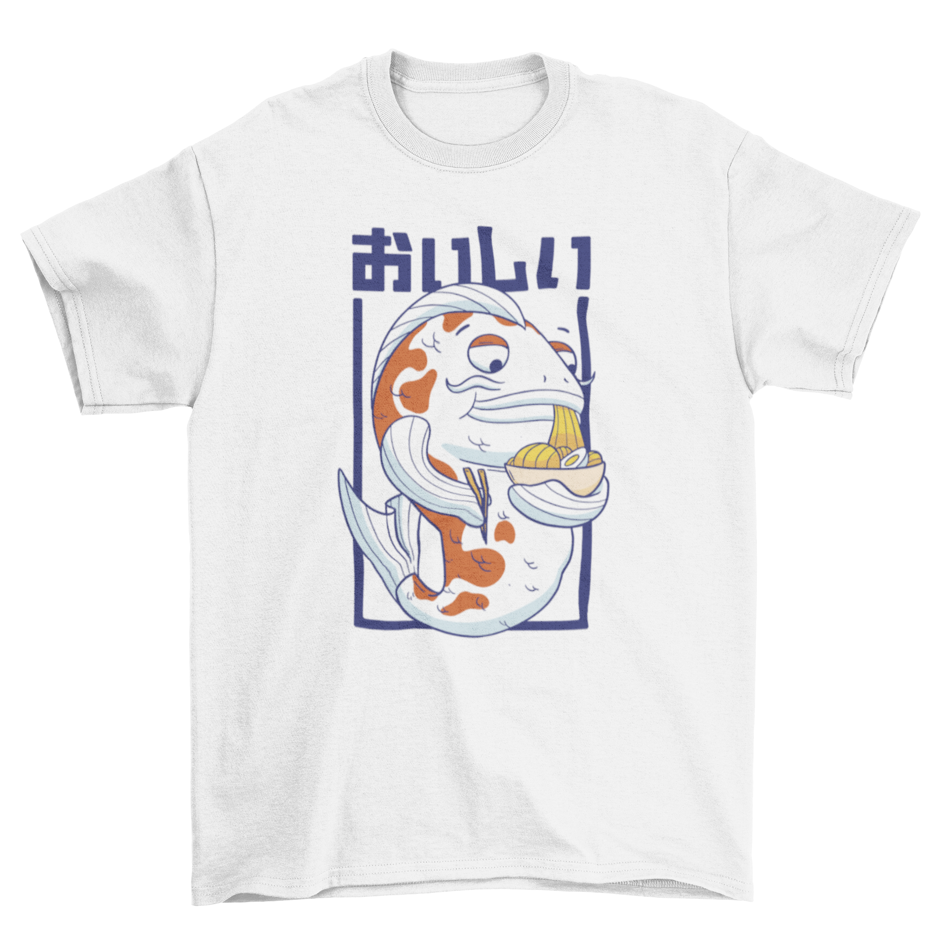 A stylish t-shirt featuring a Japanese carp fish character happily eating ramen, showcasing a unique and playful design.