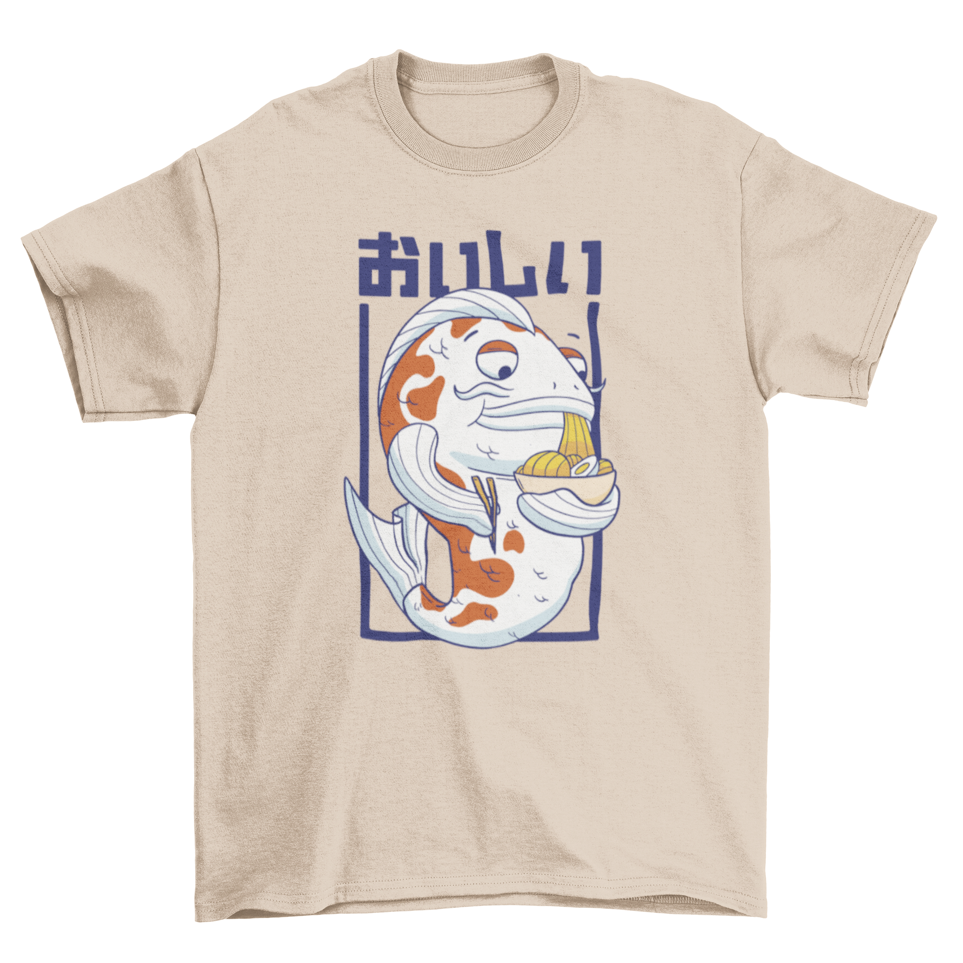 A stylish t-shirt featuring a Japanese carp fish character happily eating ramen, showcasing a unique and playful design.