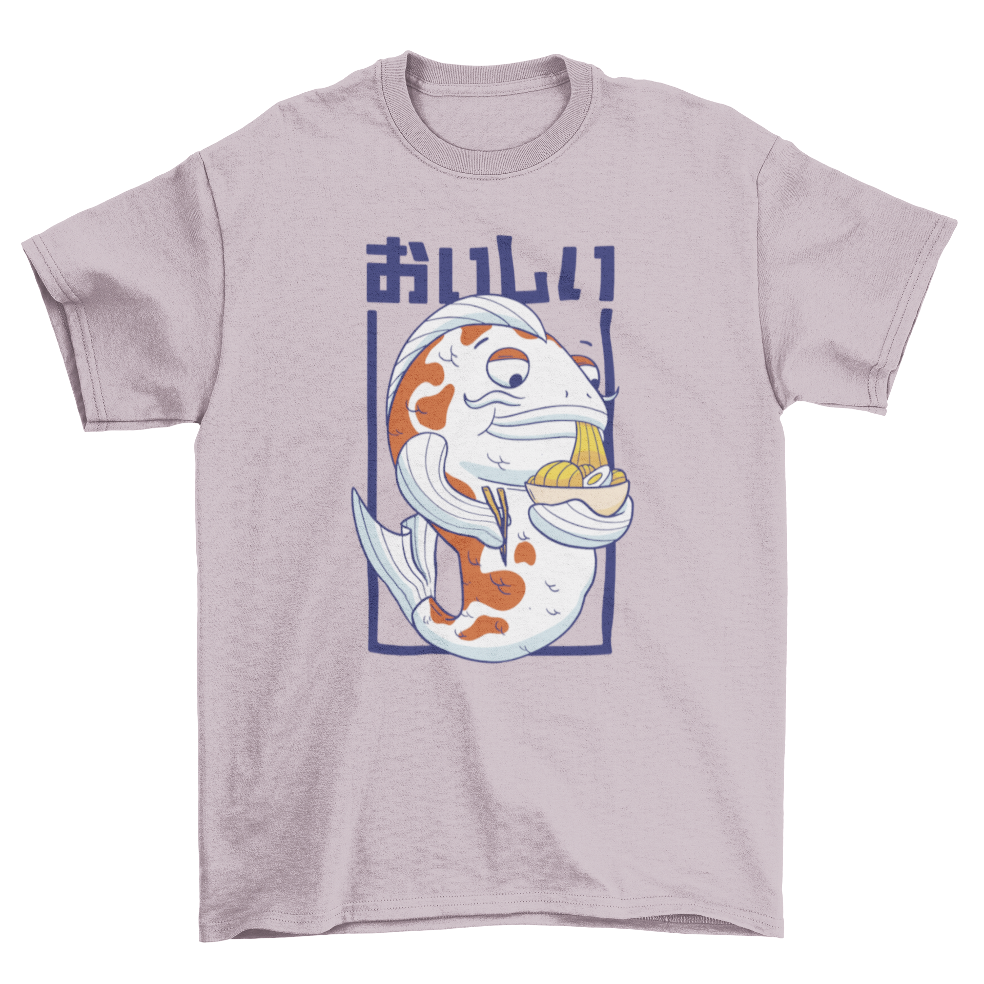 A stylish t-shirt featuring a Japanese carp fish character happily eating ramen, showcasing a unique and playful design.