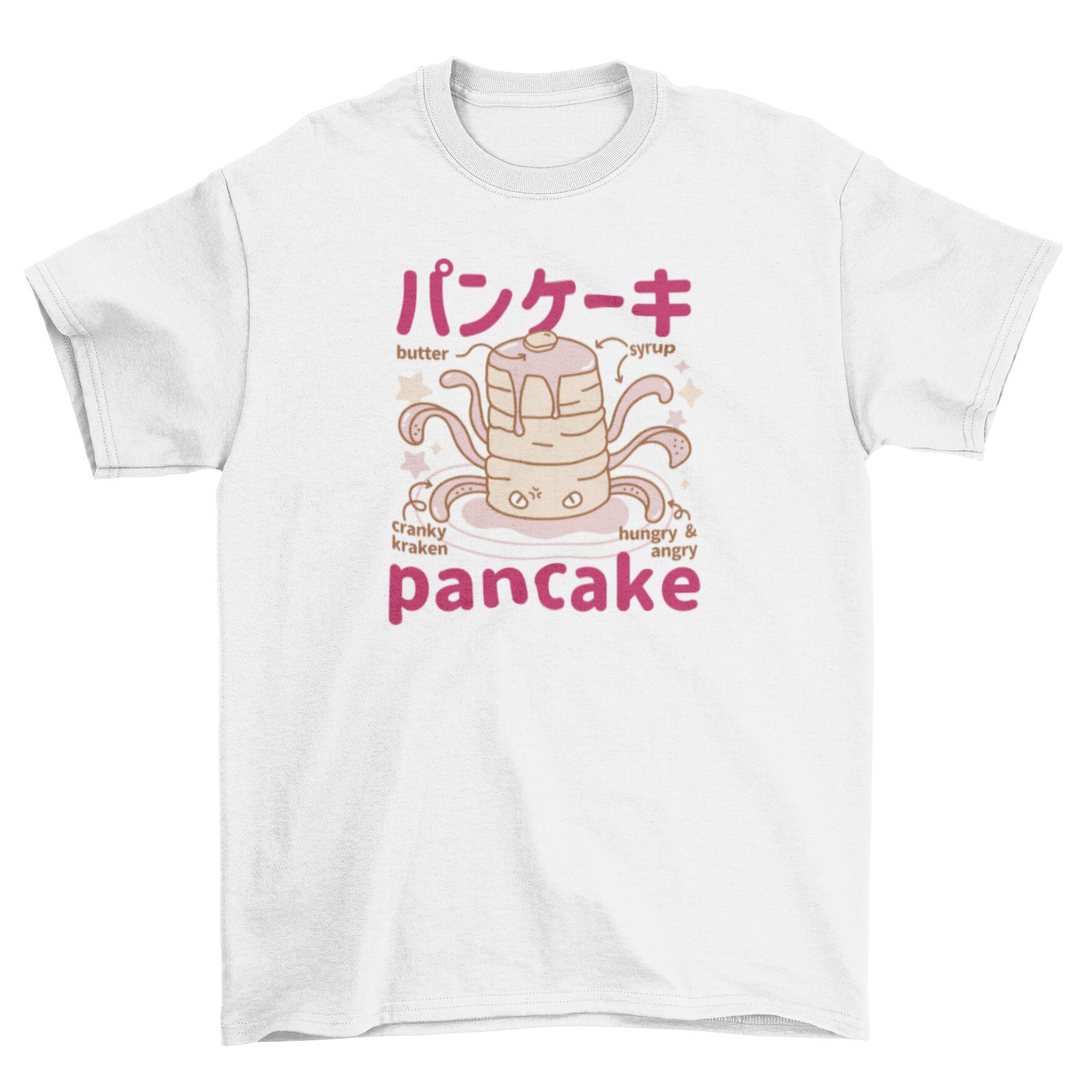 A playful t-shirt featuring a cute Japanese fluffy pancakes monster design, showcasing vibrant colors and a fun aesthetic.